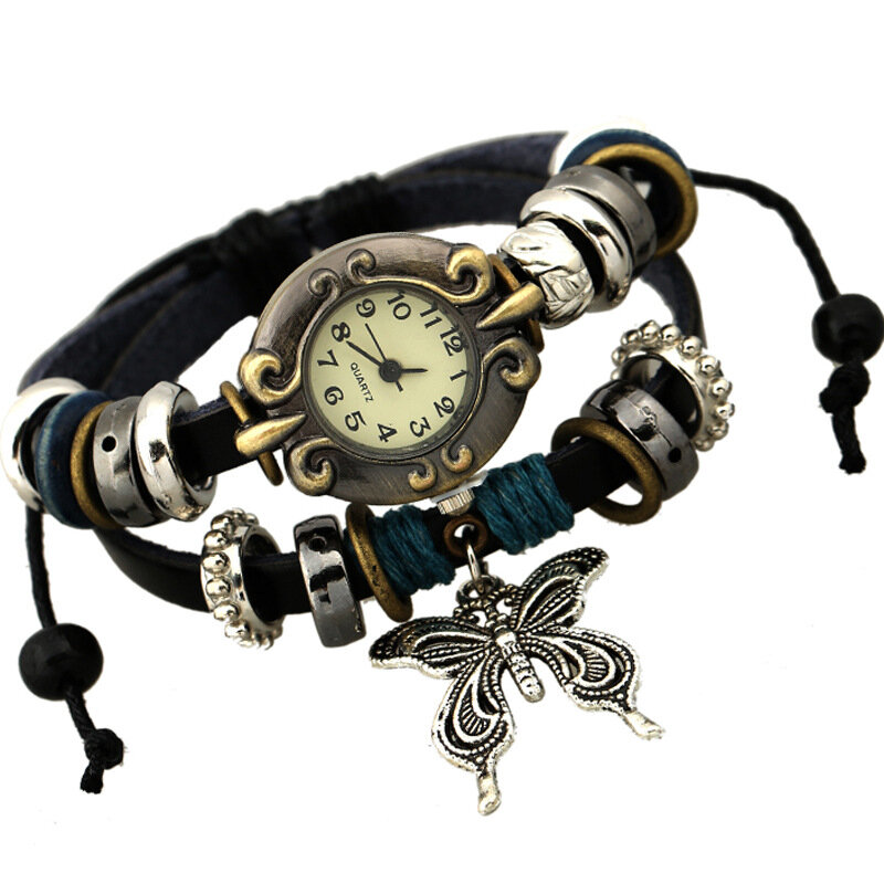 Deffrun Vintage Multilayer Cow Leather Women Bracelet Watch Butterfly Pendant Quartz Watch