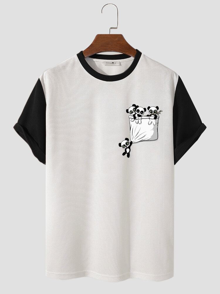 Mens Cartoon Panda Print Contrast Knit Short Sleeve T-Shirts