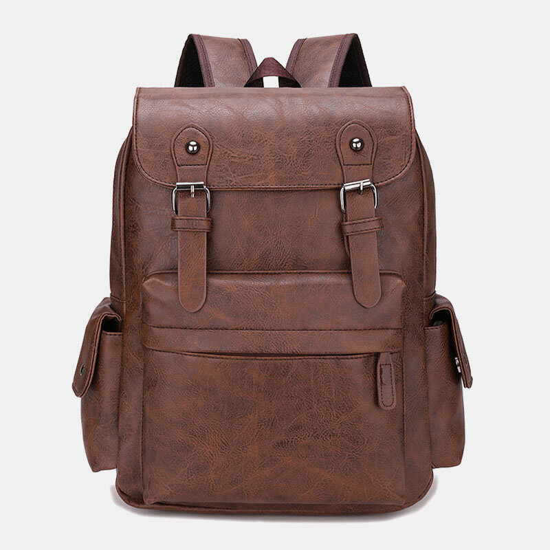 Men Casual Travel Multi-pocket Large Capacity Backpack Solid Retro Wear-resistant Waterproof PU Soft