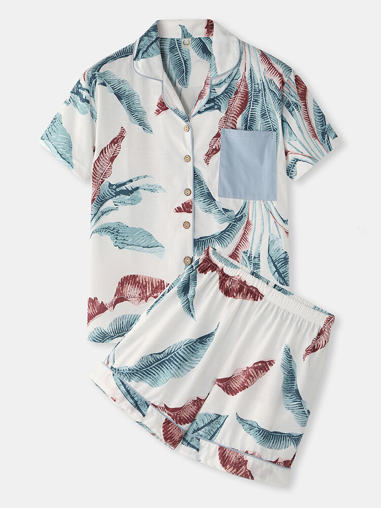 

Women Tropical Plant Leaves Print Button Up Revere Collar Short Sleeve Home Casual Pajama Set