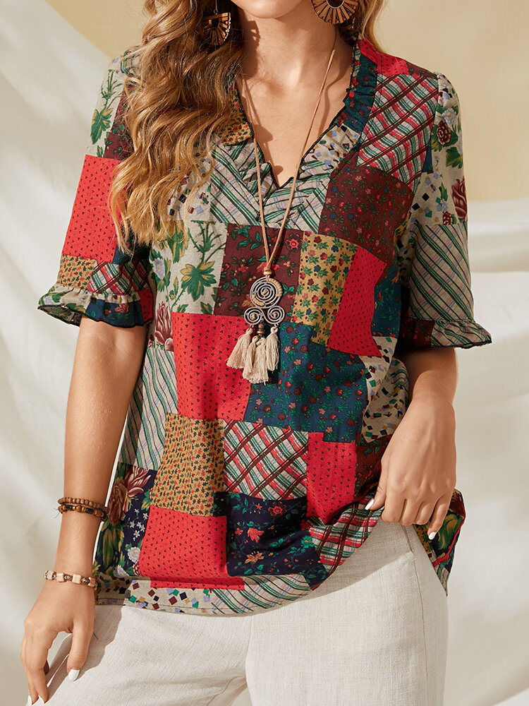 100 Cotton Patchwork Printed Casual Blouse For Women