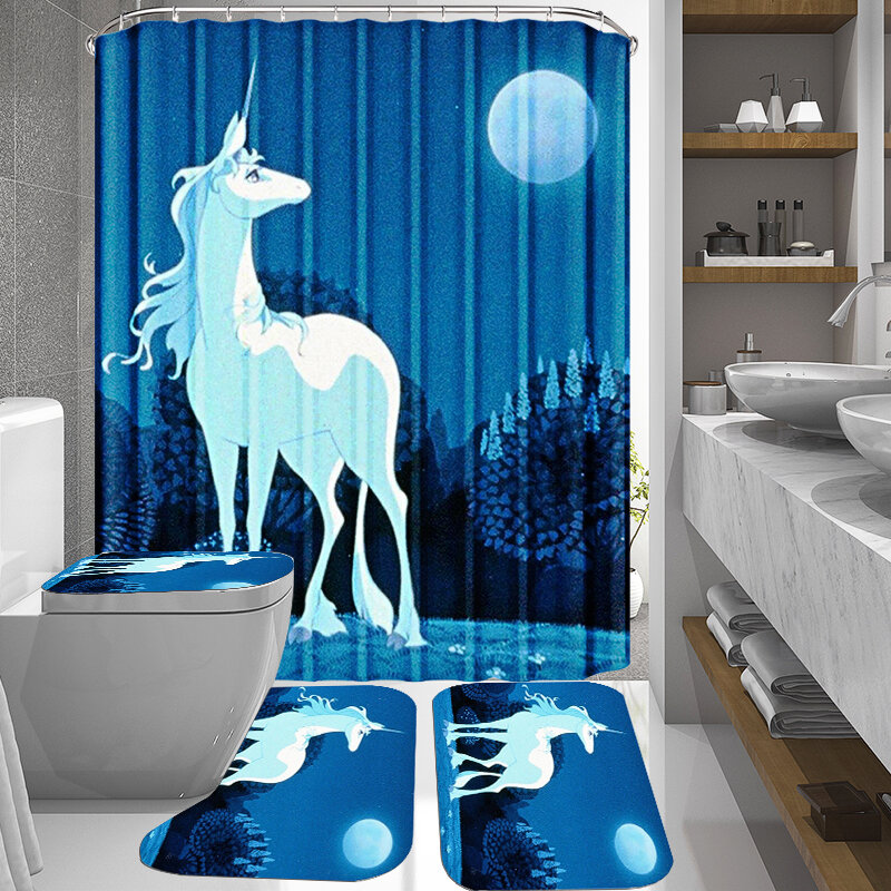 3D Waterproof Unicorn Moon Printing Douchegordijn Badkamer Wc Tapijt Mat Set Badkamer Decoratie
