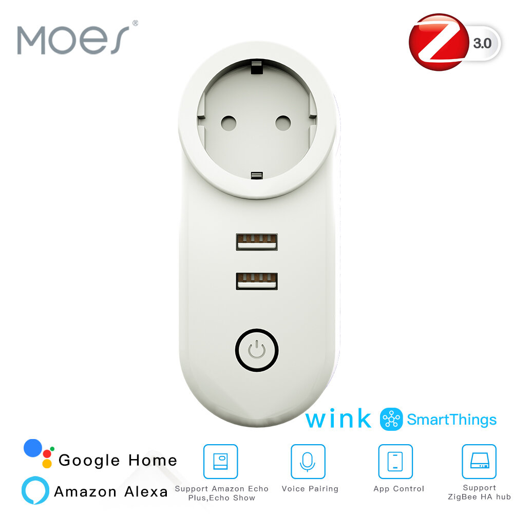 

EU Smart Wifi Socket Zigbe 3.0 2 USB Port 100-240V Voice Control Work With SmartThings Wink Alexa Google Home