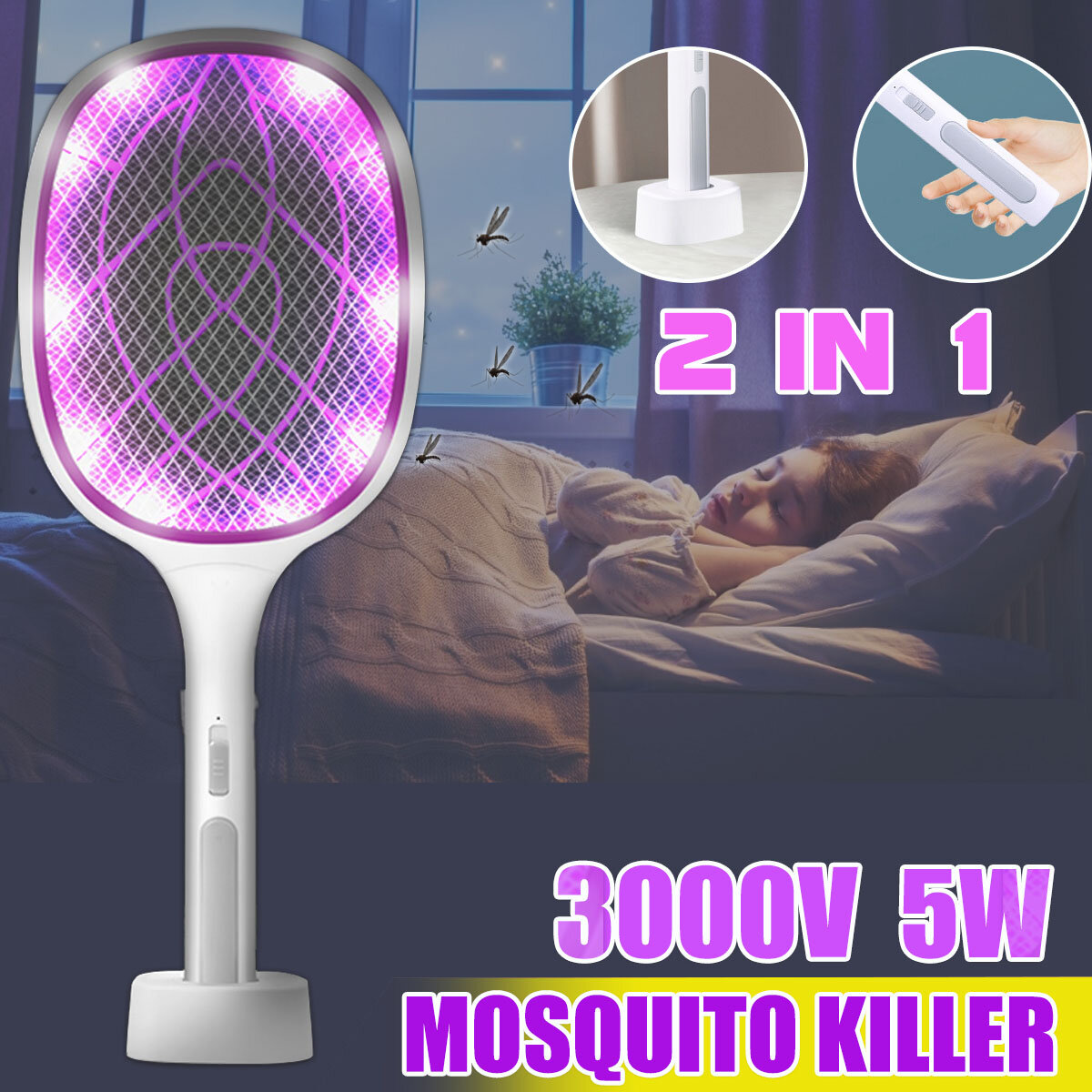 

2 In 1 10 LED Electric Fly Insect Racket Zapper Killer Swatter Bug Mosquito Wasp