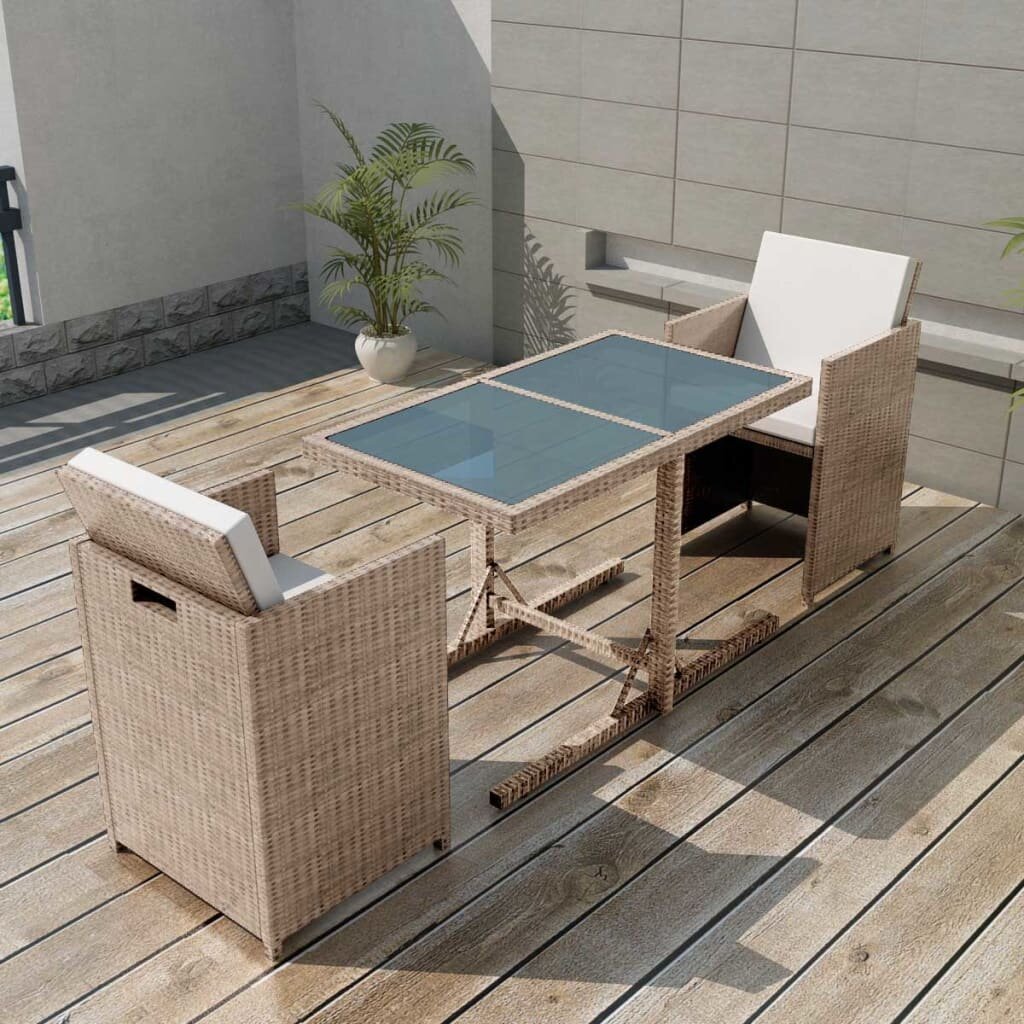 3 Piece Outdoor Dinner Furniture Set Bistro Set with Cushions Poly Rattan Beige