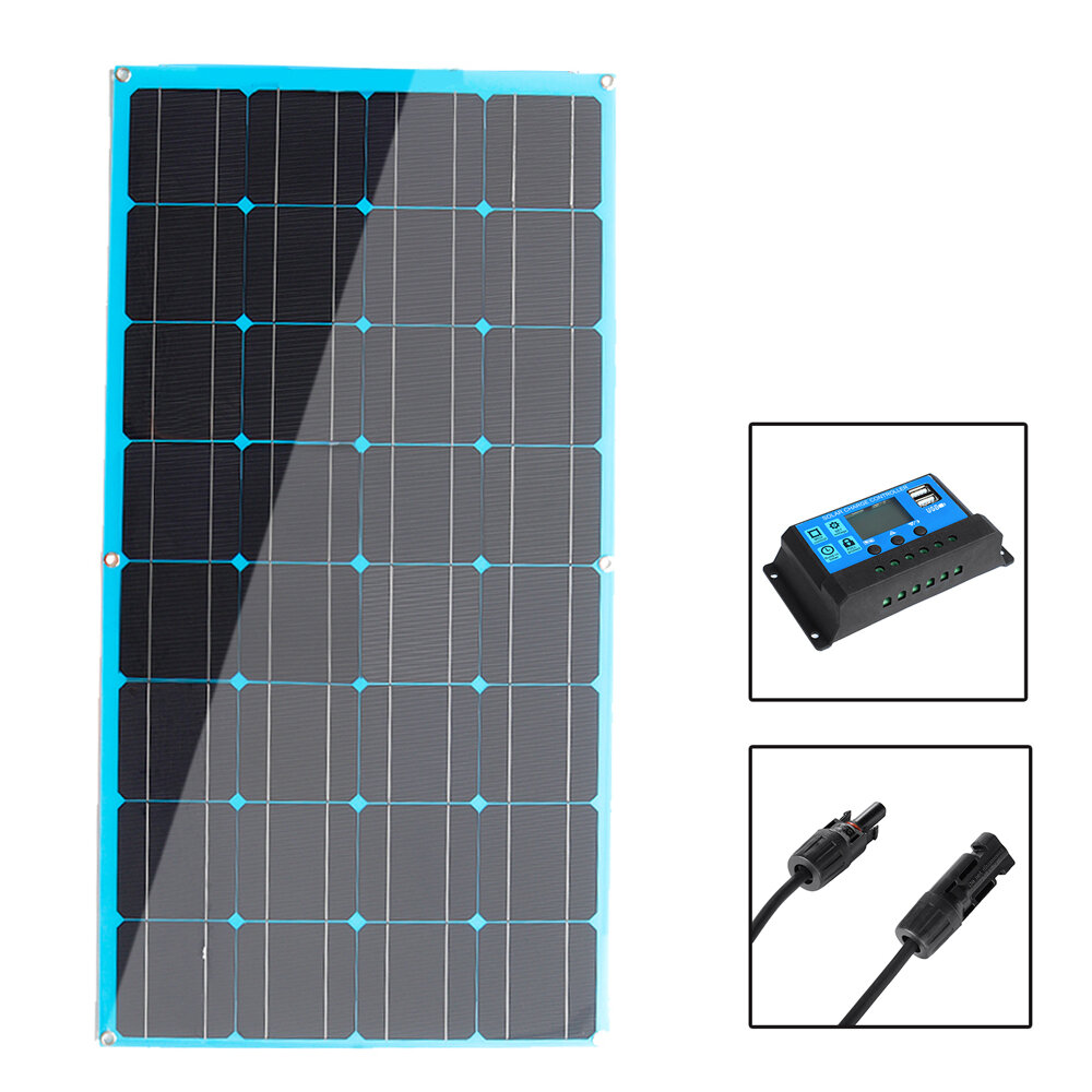 Pannello solare policristallino da 100W 18V con doppia uscita USB/DC per caricabatterie portatile, ideale per campeggio e viaggi.