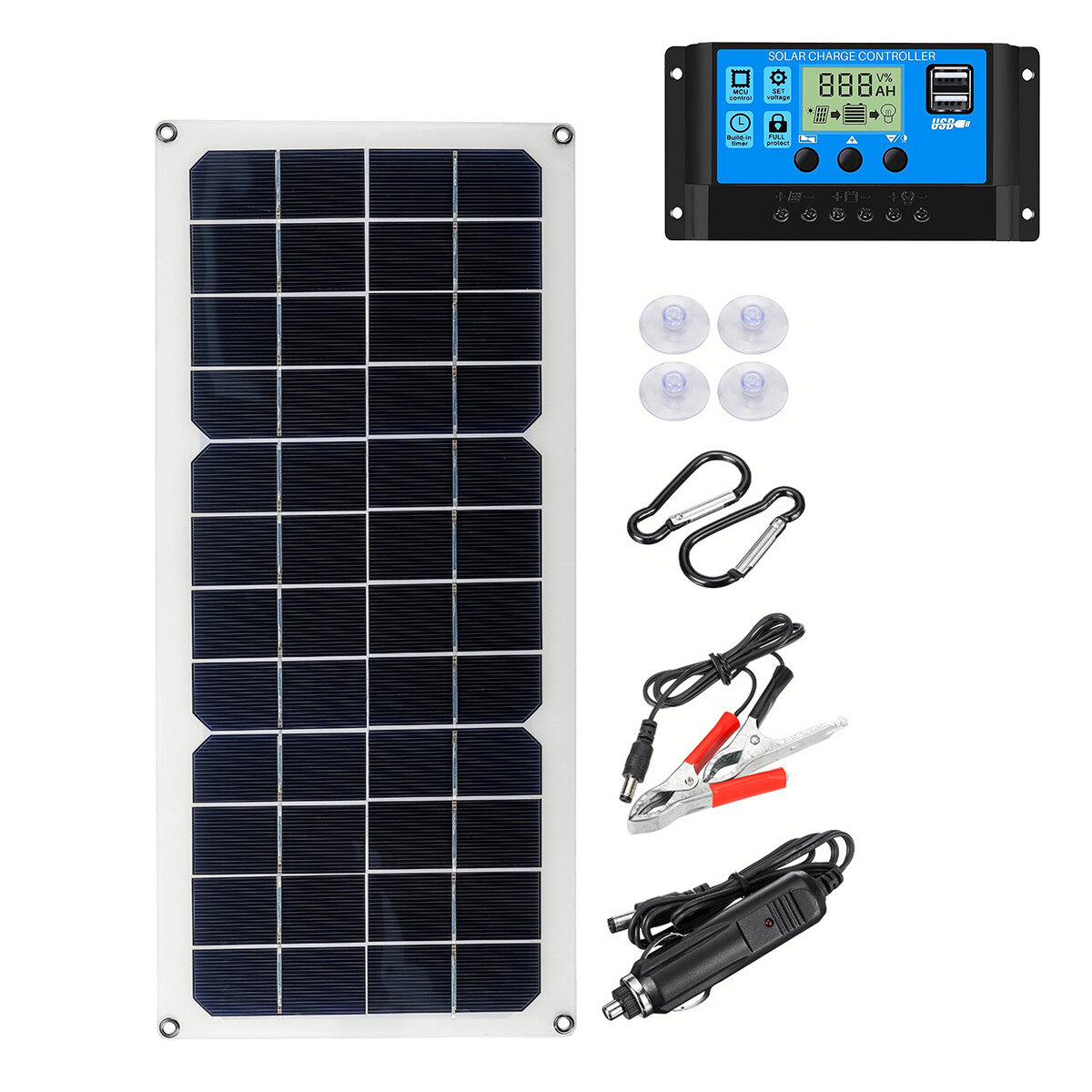 30W Mono Solar Power Charging Panel w Suckers & Carabiner for DUO Output for 12V 5V Camping Fan/Lamp/Power Generator Sys