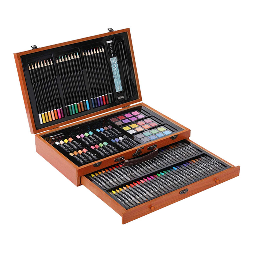 

142pcs Wooden Box Painting Set Crayon Oil Painting Wooden Box Brush Set Drawing Tool Artist School Students Stationery S