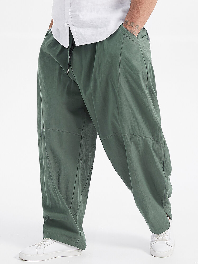 

Plus Size Mens 100% Cotton Solid Color Loose Wide Leg Pants With Pocket