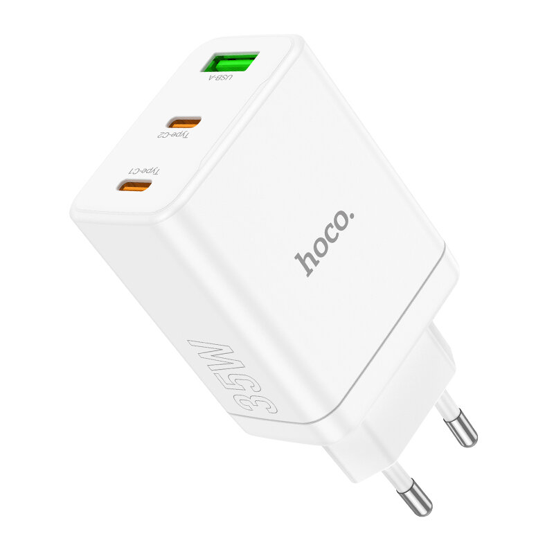 

HOCO N33 PD35W 3-Port USB PD Charger Dual Type-C+USB-A QC3.0 Fast Charging Wall Charger Adapter EU Plug for iPhone 12 13