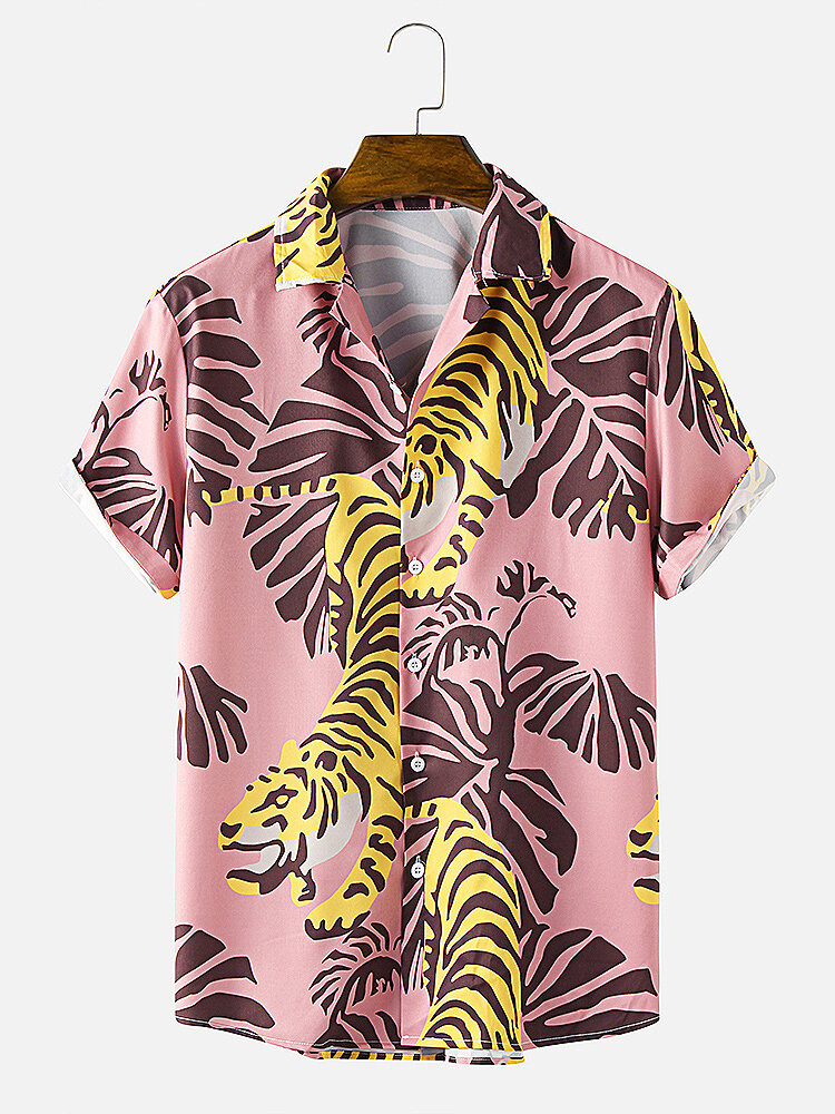 

Mens Tiger Print Revere Collar Short Sleeve Shirt