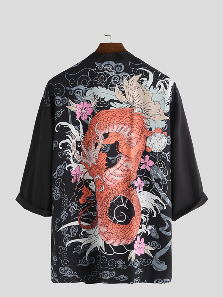 

Men Japanese Kimono Shirts Cardigan Spring Summer Casual Dragon Print Coats