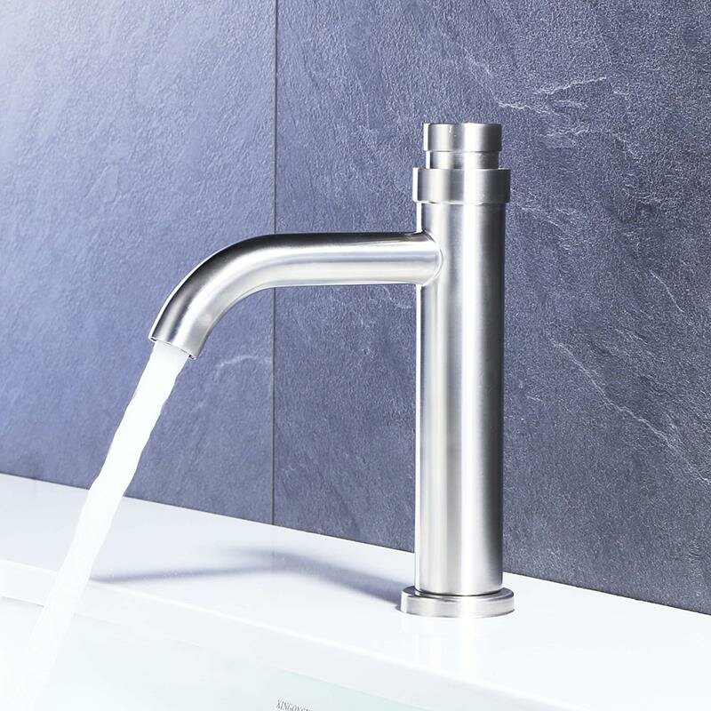 

Basin Faucet 304 Stainless Steel Push Button Design Flexible Spout Bathroom Washbasin Above Counter Basin Tap