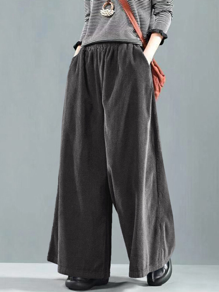 Women Wide Leg Corduroy Casual Solid Elastic Waist Loose Pants With Side Pocket