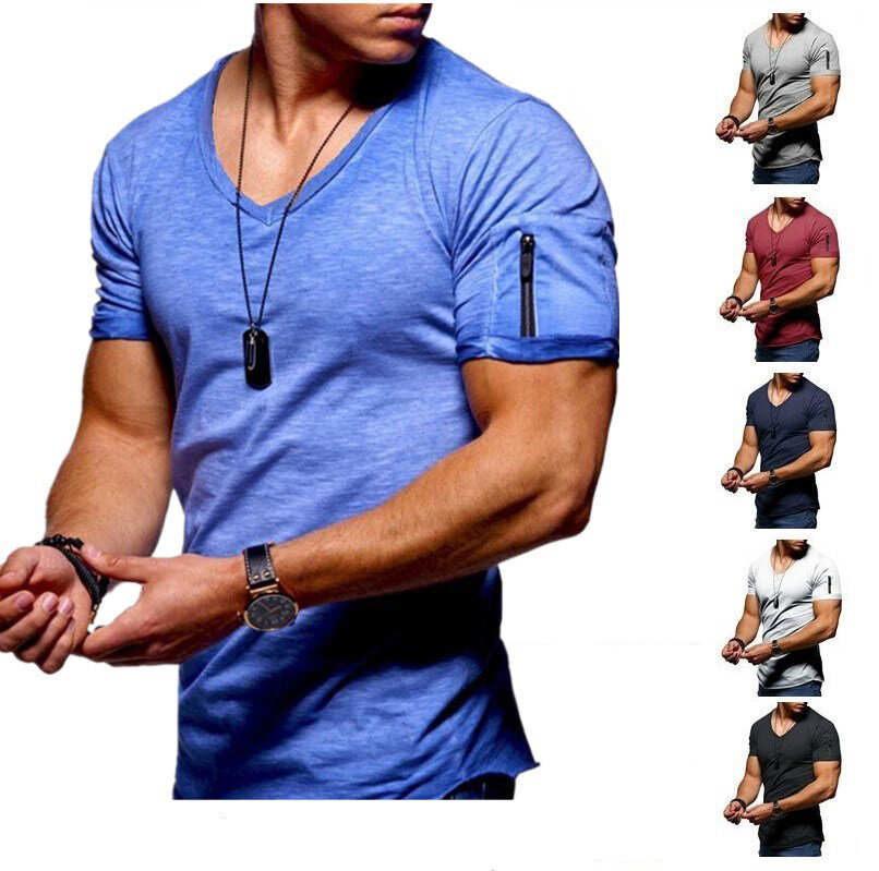 Image of Herren V-Ausschnitt T-Shirt Fitness Bodybuilding T-Shirt High Street Sommer Kurzarm-Reiverschluss Casual Cotton Top