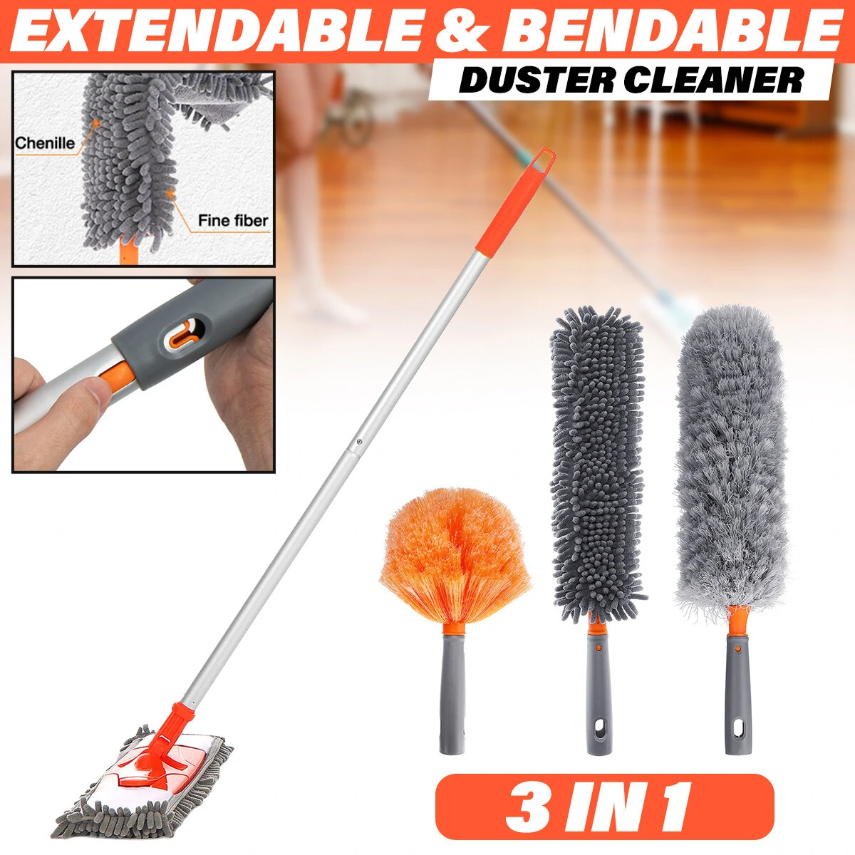 Bestnifly 3 in1 extendable microfibre cleaning feather duster extending brush kit