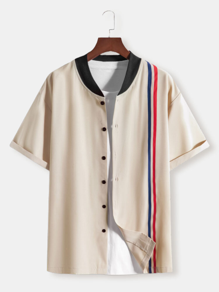 Mens 2 Stripes Baseball Collar Street Short Sleeve Shirts