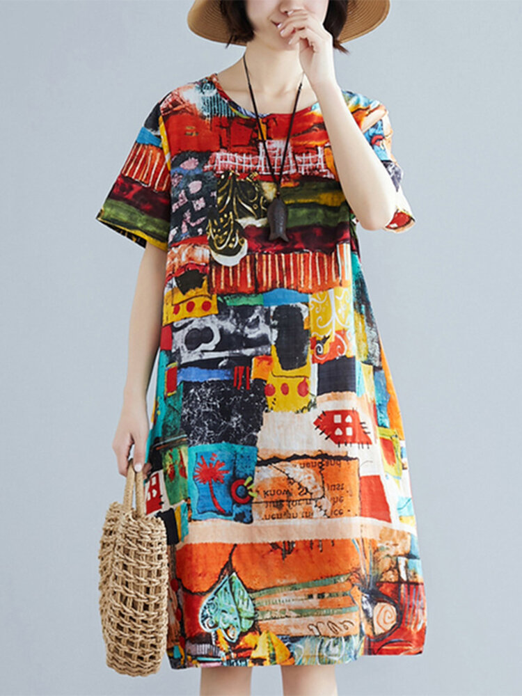 Abstract geschilderde zak ronde hals losse midi-jurk met korte mouwen