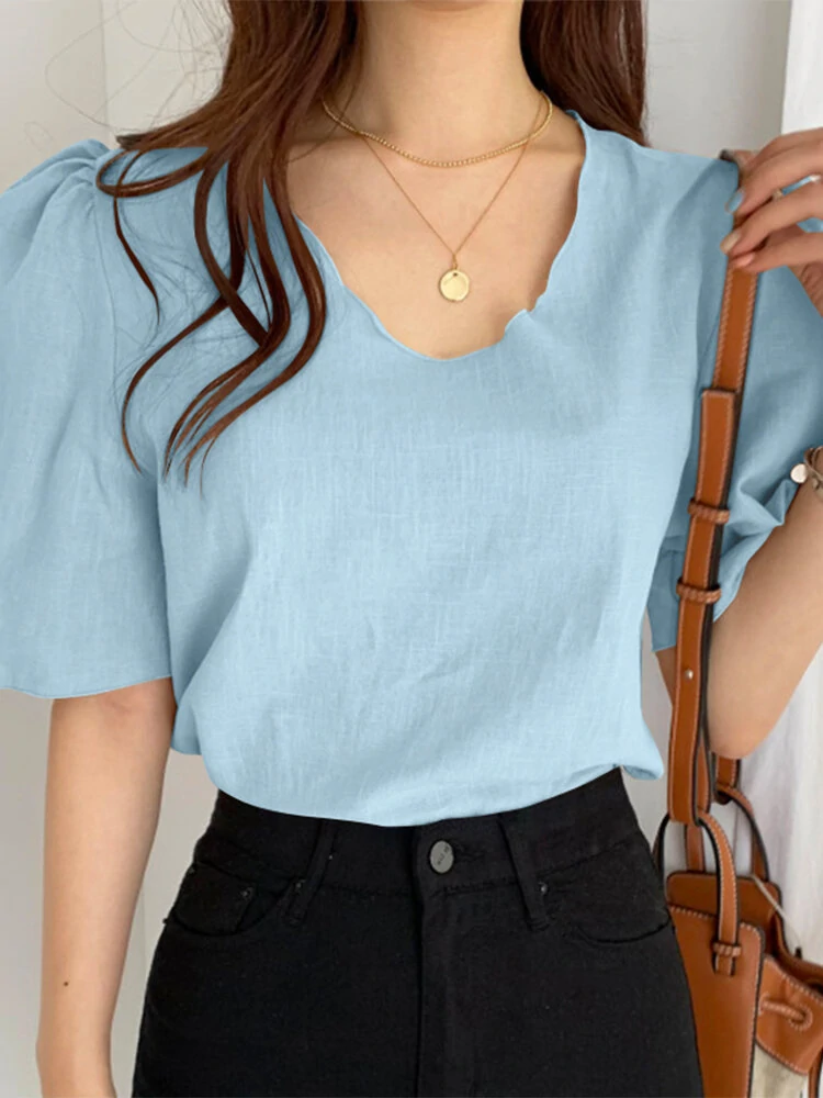 Leisure solid v neck casual cotton blouse