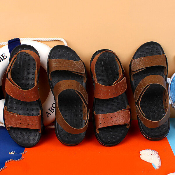 men comfy breathable genuine leather hook loop sandals at Banggood