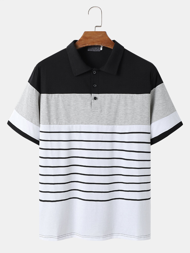 Men Hit Color Striped Half Button Pleats Soft Business Simple Polos Shirts