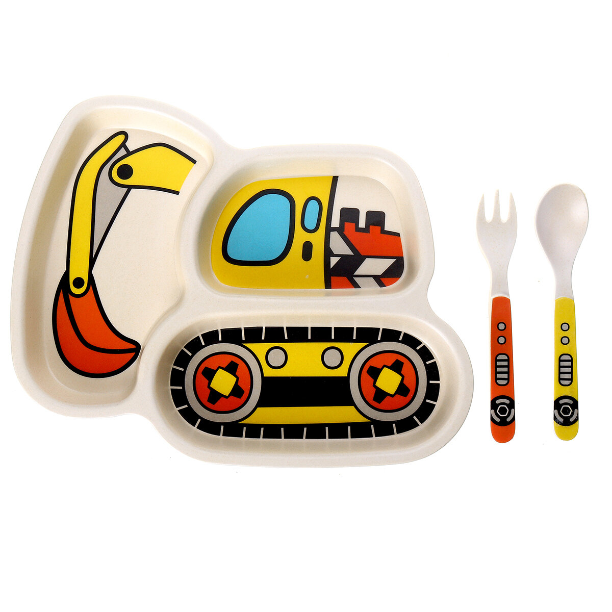 3Pcs Children`s Tableware Plate Spoon Fork Set Non-Toxic Plastic Vehicle Theme Dinner Plate For Chil