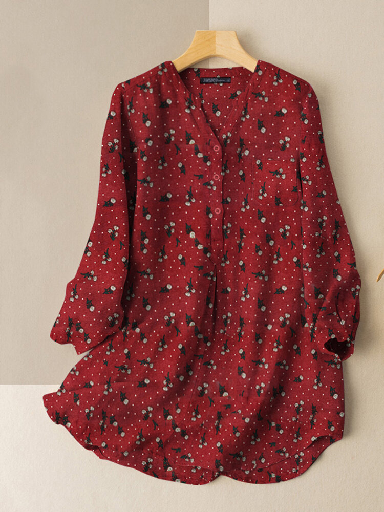 

Блузка с V-образным вырезом и карманом на пуговицах спереди с цветочным принтом по всей поверхности