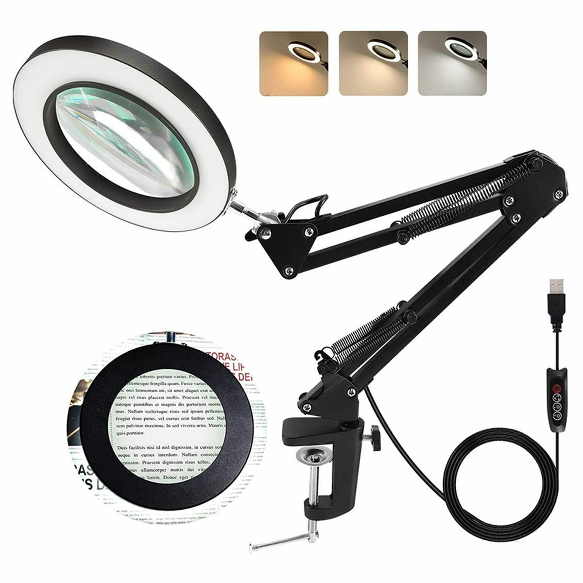 Flexible Arm 10X LED Magnifying Glass Stepless Dimmable 3 Color Light Modes Ring Fill Light with Des