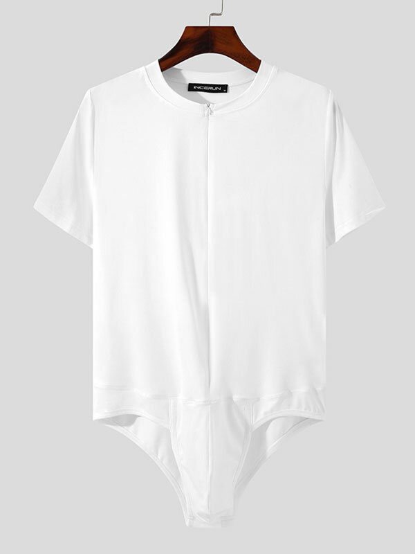 Men Zipper Short Sleeve Crotch Pajamas Bodysuit Undershirts Leotard Top