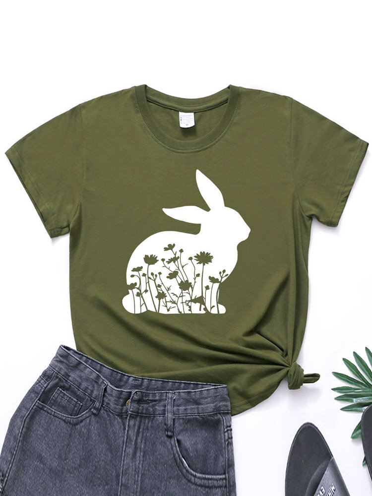 

Bunny Floral Print Easter O-neck Short Sleeve Women Casual T-shirt