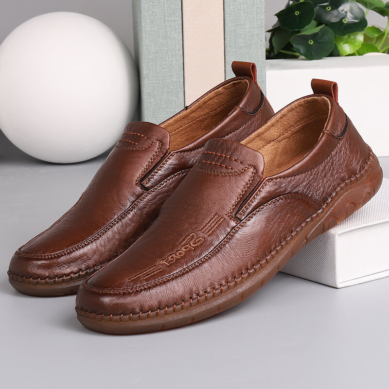 Men Microfiber Leather Breathable Hand Stitching Soft Sole Old Peking Casual Business Shoes