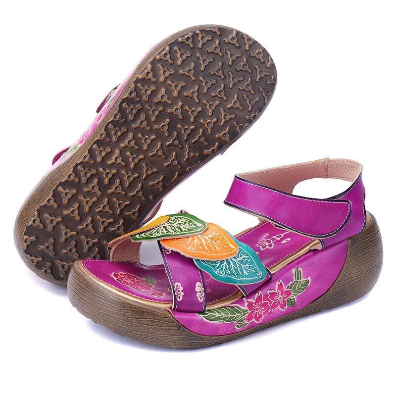 SOCOFY Γυναικεία Καλοκαίρι Bohemia Γνήσια δερμάτινα σανδάλια Χειροποίητα παπούτσια πλατφόρμας σφήνας