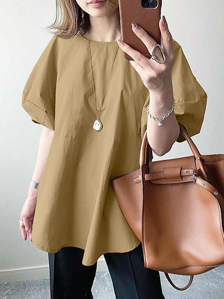 Casual Plain Round Neck Puff Sleeve High Low Hem Back Button Blouse For Women
