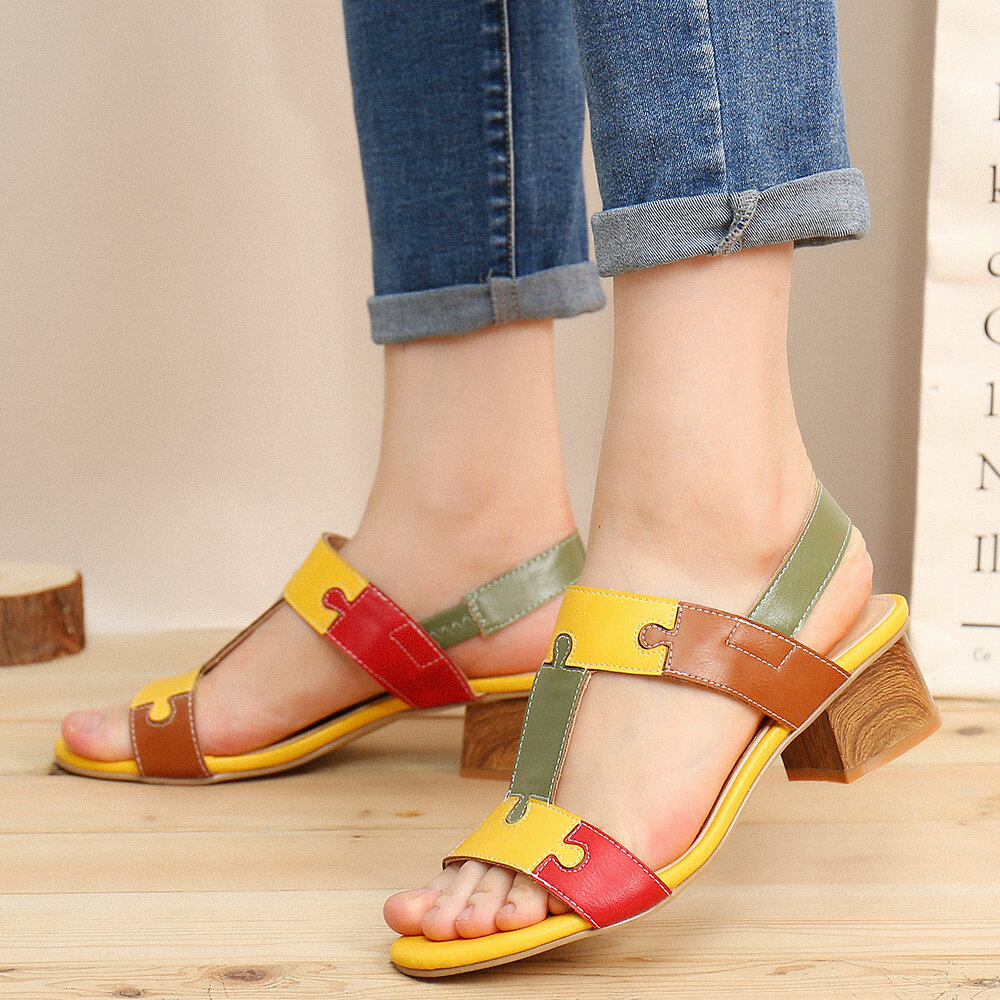 

LOSTISY Color Block T-strap Opened Toe Elastic Band Chunky Heel Sandals