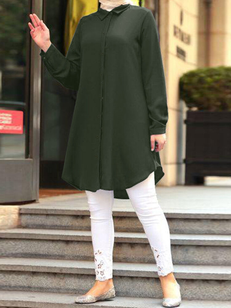 

Women Solid Color Button Lapel Long Sleeve Curved Hem Muslim Abaya Kaftan Shirts