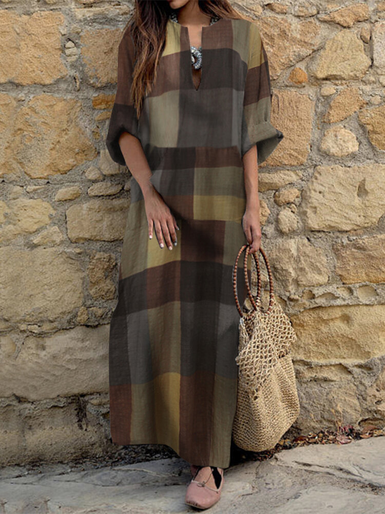 Women Casual Plaid Notch Neck Long Sleeve Vintage Maxi Dresses With Pocket