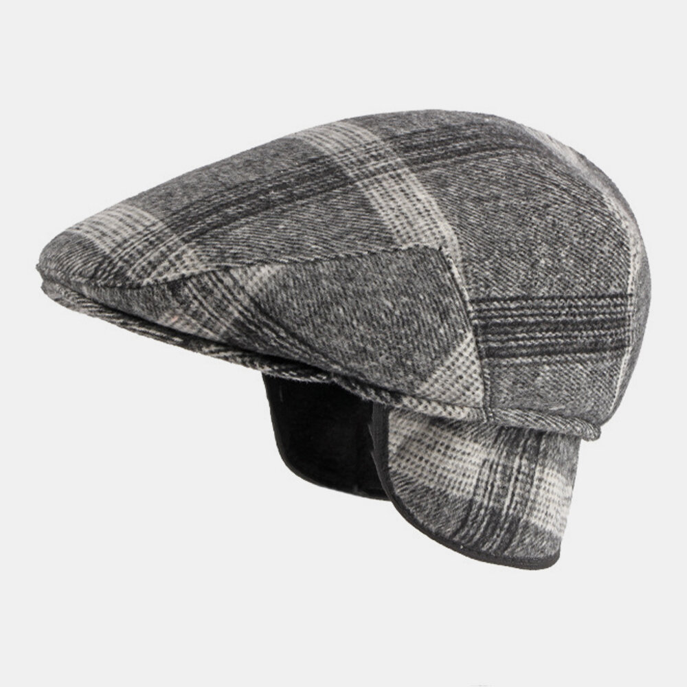 Men Felt Ear Protection Winter Outdoor Plaid Pattern Warm Universal Beret Hat Forward Hat
