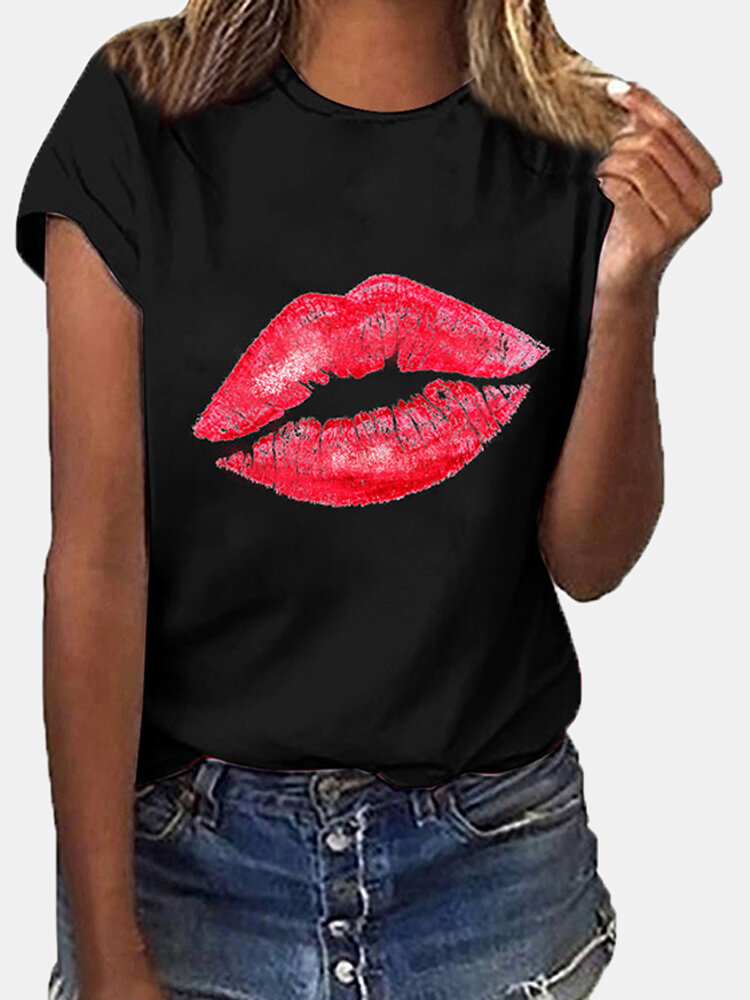Dames Casual ronde hals lippen Print Basic T-shirts met korte mouwen