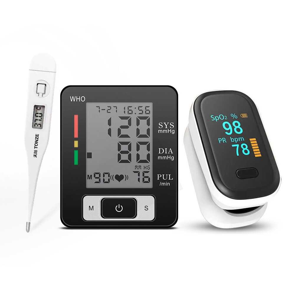

3 In 1 Finger Pulse Oximeter Wrist Blood Pressure Monitor Sphygmomanometer Boby Thermometer Elderly Health Care Set for