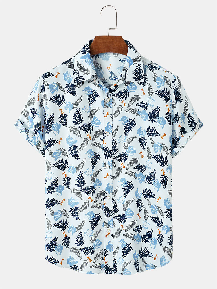 Men Tropical Leave Print Lapel Regular Fit Holiday Casual Short Sleeve Shirts