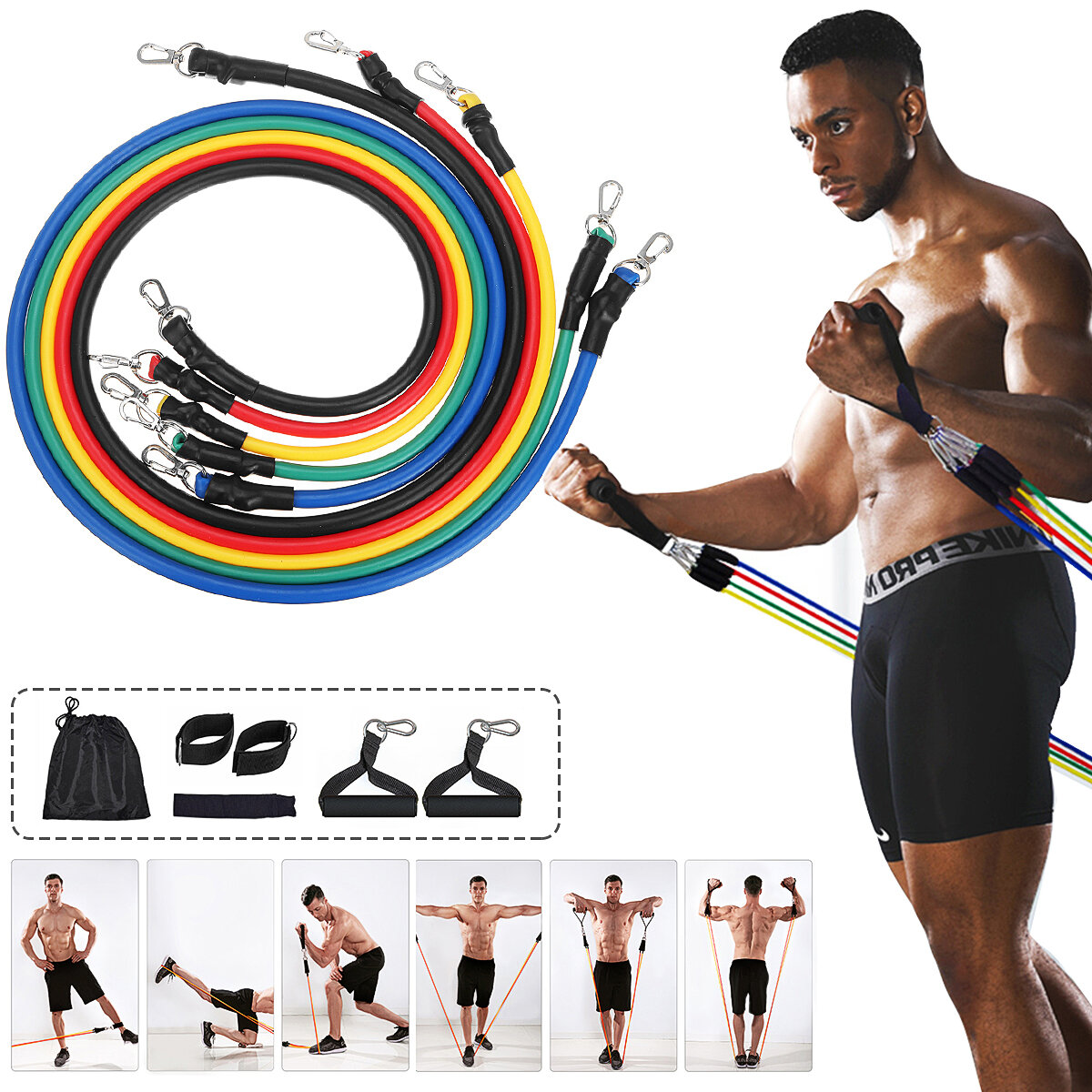 11 Pcs Fitness Resistance Bands Set Gym Workout Pull Rope Exercise Elastic Band Max Load 100lb
