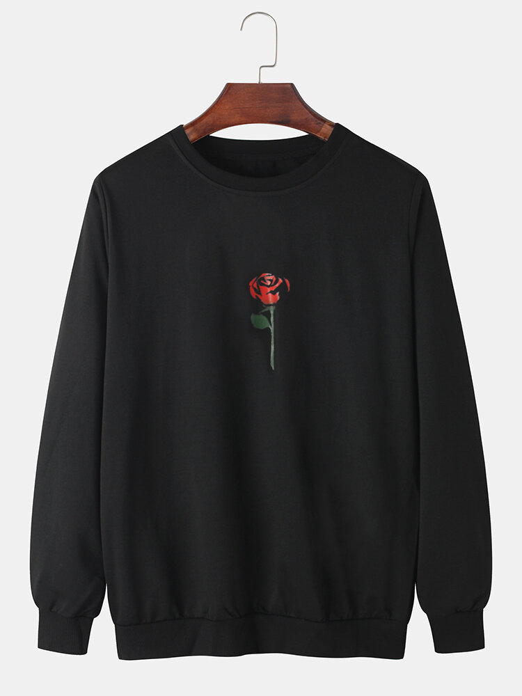 Heren roos print ronde hals pullover lange mouw eenvoudige katoenen sweatshirts