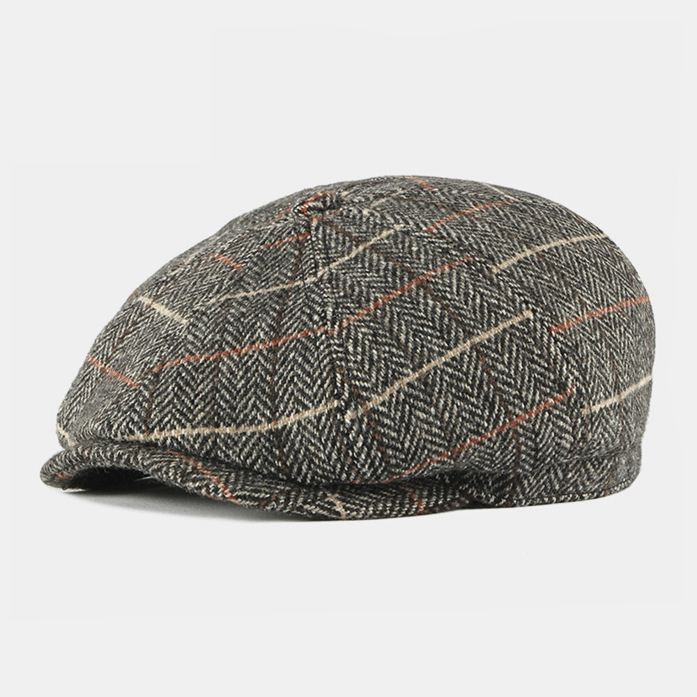 Men Wool British Style Plaid Pattern Casual Warm Octagonal Hat Beret Hat