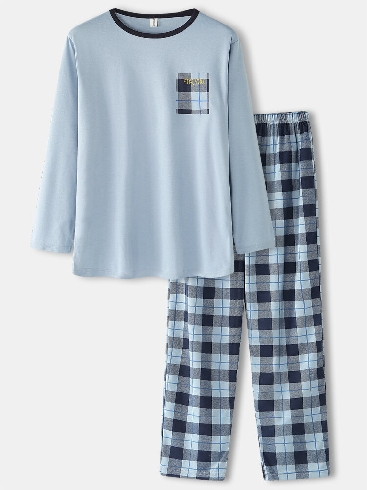 Mens Round Neck Long Sleeve Pullover Palid Elastic Waist Pocket Pants Home Pajama Set