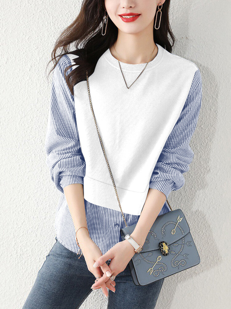 

Stripe Panel Long Sleeve Crew Neck Two Pieces Blouse