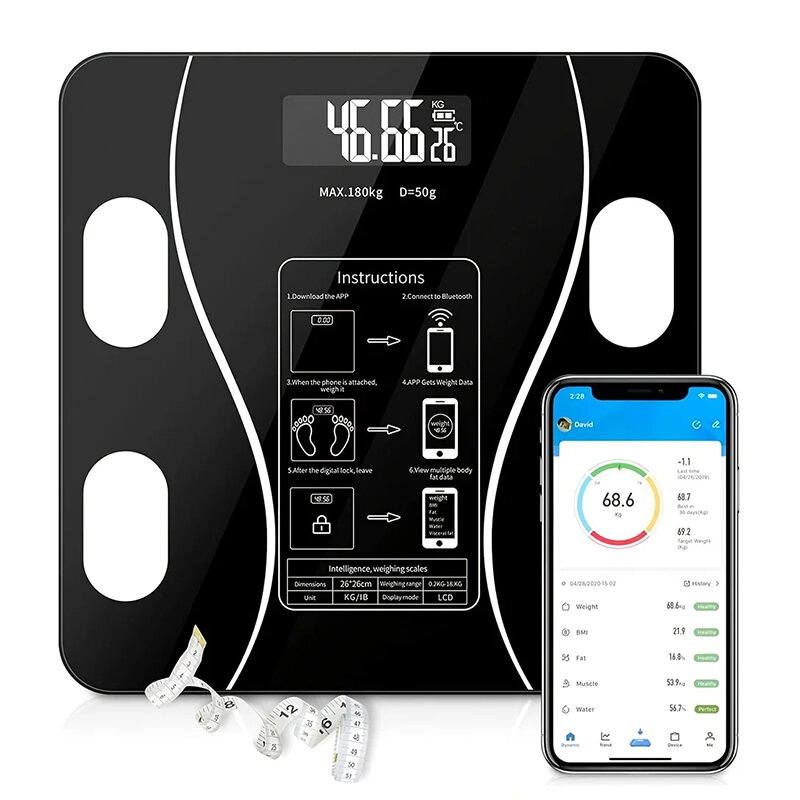 KALOAD® USB+Solar Powered Body Fat Scale BMI Scales Smart Wireless Digital Bathroom Weight Scale Body Composition Analyz