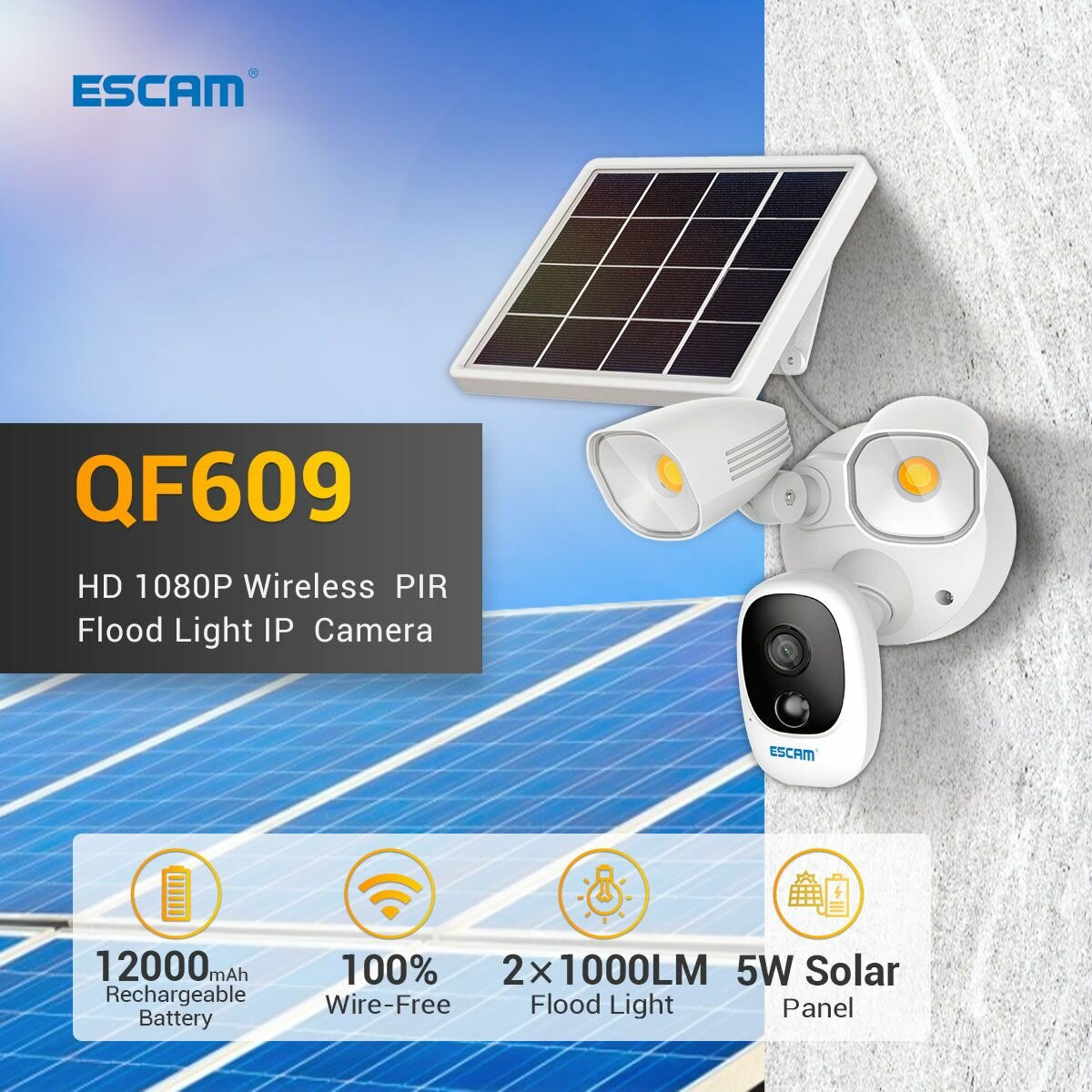 ESCAM QF609 Schijnwerper op zonne-energie 1080P Draadloze batterij 1000LM Floodlight Cloud-opslagcam