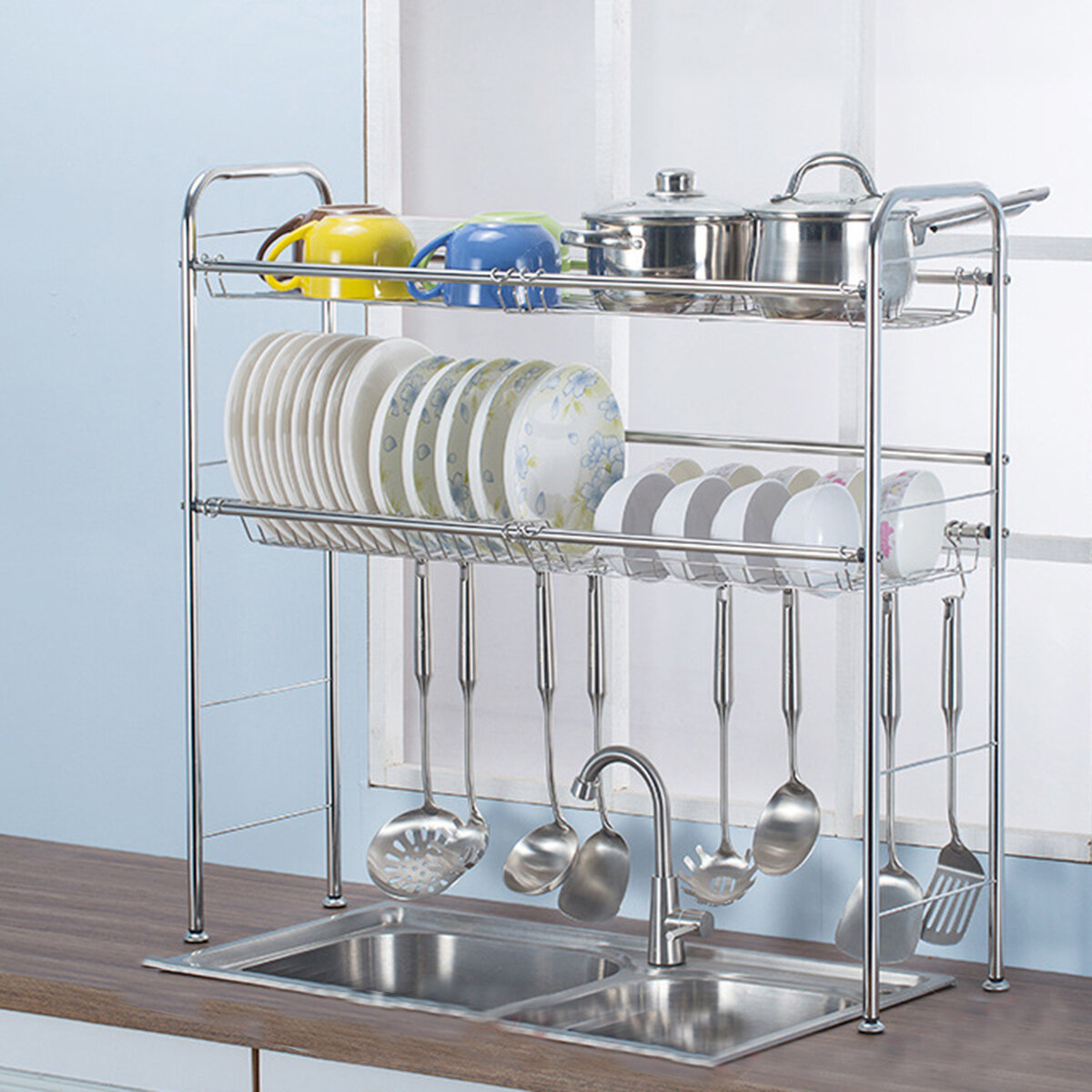 2 Tiers Stainless Steel Dishes Rack Dual Sink Drain Rack Adjustable Multi-use Kitchen Organizer Rack Dish Shelf Sink Dry