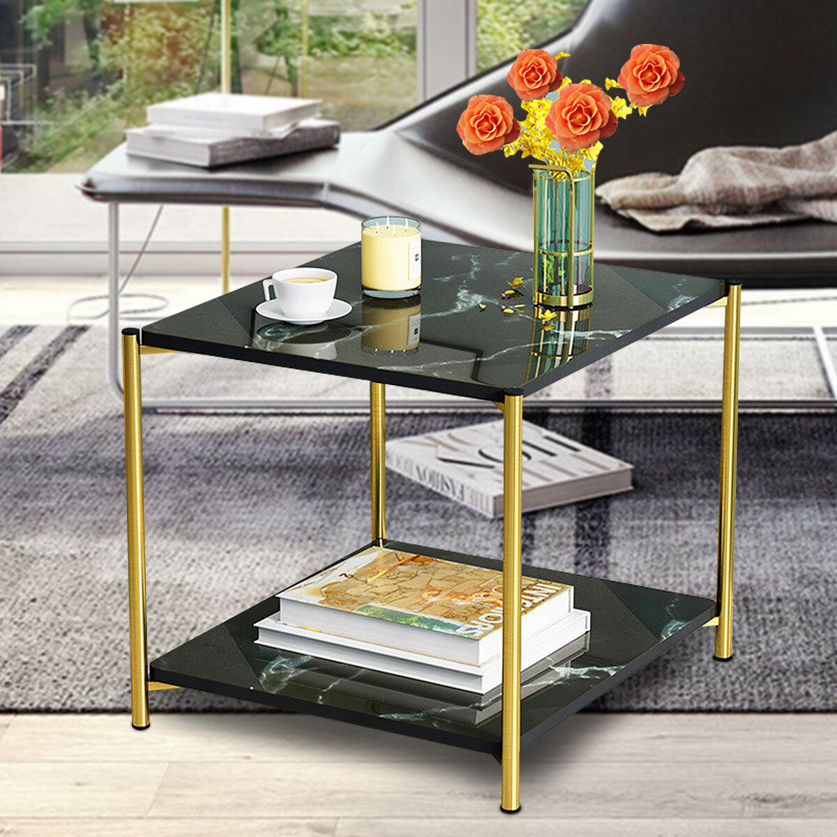 Metal Bedside Coffee Table Nordic Marble Glass Square End Side Table Desk Home Sofa Tables Living Room Light Luxury Side