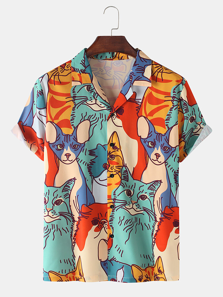 Mens Cartoon Cat Print Revere kraag casual shirts met korte mouwen